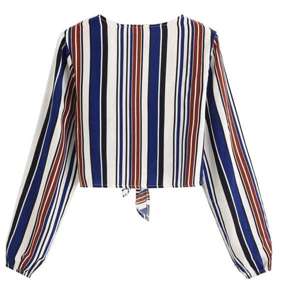 Long Sleeve Striped Deep V-Neck Tie Front Crop Top - Picture 10 of 11